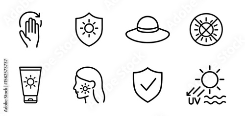 Sun protection and skincare icon set. sunscreen, uv safety icons linear collection