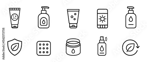 Health and beauty line icon set. skincare, wellness linear icons for cosmetics packaging