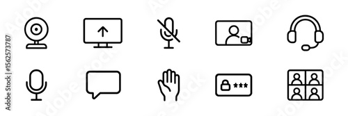 Communication tools outline icon set. video, audio, chat tool icons in outline style