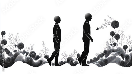 Two black silhouette figures walking in opposite directions surrounded by abstract swirling patterns and stylized plants with circular, textured blooms in black and white
