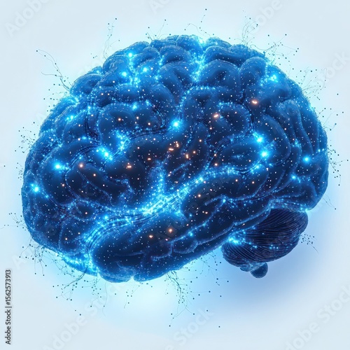 Digital representation of a human brain illuminated with glowing blue neural network connections symbolizing advanced brain activity and technological intelligence