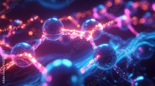 Glowing molecular structure with interconnected spheres and strands in vibrant blue and pink colors against a dark abstract background