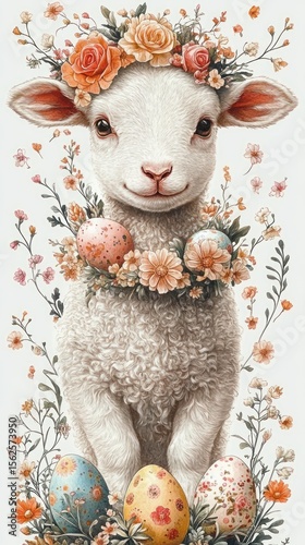 A fluffy white lamb with a gentle expression wearing a floral crown and surrounded by colorful decorated eggs and delicate flowers