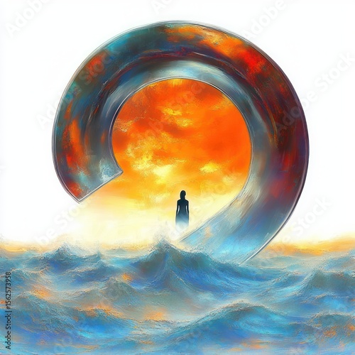 Surreal scene of a silhouette standing on turbulent ocean waves beneath a large metallic crescent shape with a glowing fiery orange sky in the background