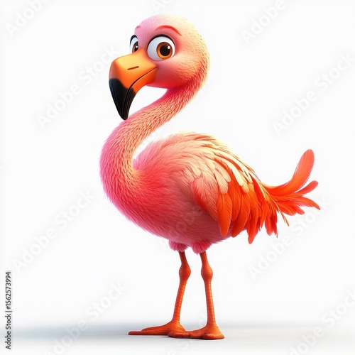 cute animated pink flamingo standing with bright orange feathers and large eyes looking curiously with a friendly expression