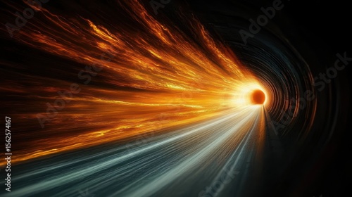 Dynamic view of a tunnel with bright light at the end and streaks of orange flames on one side and white light trails on the other side conveying high speed and energy