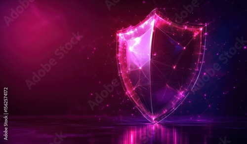 Glowing neon pink digital shield composed of interconnected lines and nodes floating above dark reflective surface with futuristic purple and magenta background