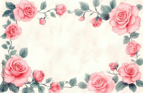 Soft pink watercolor roses and green leaves entwined to form a decorative floral frame with a blank center on a light beige background