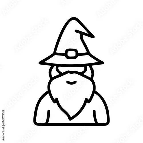 Bearded wizard character with pointy hat in minimalist design  