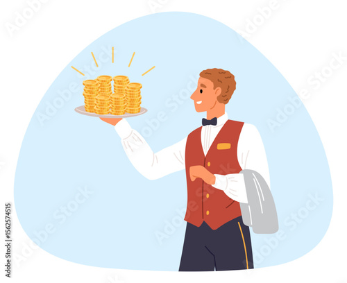 Waiter carries gold sparkling coins on tray. Financing or investing in business. Tips for servant and bartender. Cafe staff holding plate. Hotel hospitality. Golden cash. Vector concept