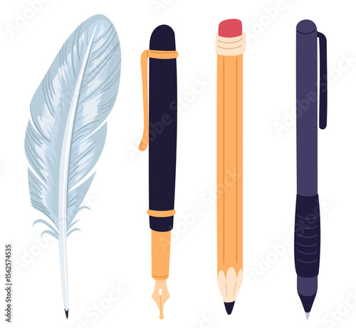Vintage and modern writing instruments. Writer tool. Quill feather. Ballpoint or fountain pen. Graphite pencil with eraser. Business office or school accessories. Vector stationery set