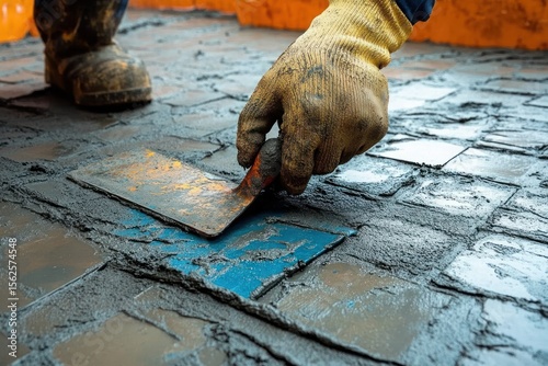 Close-up of a worker's gloved hand smoothing cement over blue and gray paving stones with a trowel during pavement construction work