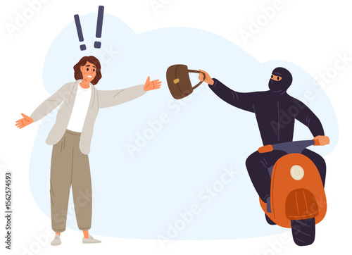 Scooter thief snatched purse from womans hand. Perpetrator stole girl belongings. Motorized burglar in mask. Pickpocket crime. Gangster at moped. Bandit driving vehicle. Vector concept