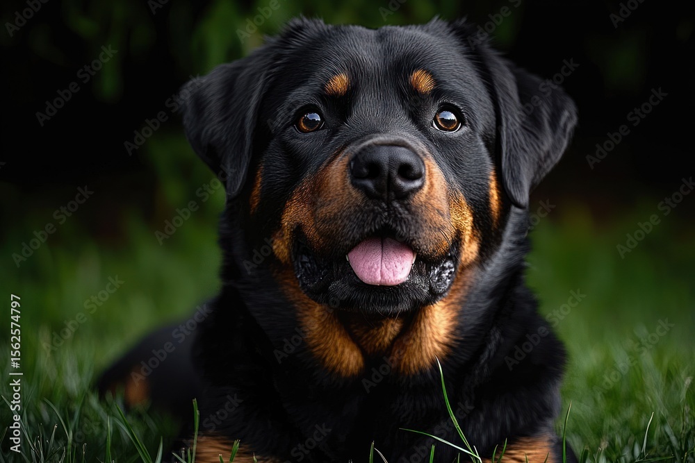 close-up of an attentive and happy rottweiler dog lying on green grass with tongue slightly out and dark blurred background close-up of an attentive and happy rottweiler dog lying on green grass with tongue slightly out and dark blurred background