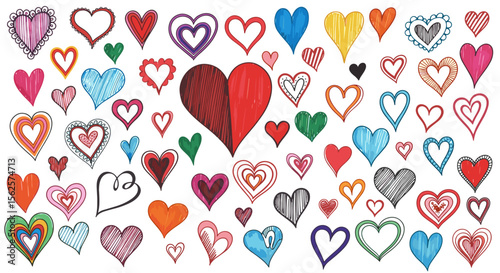 A set of unconventional designer hearts for your stylish projects on a white background, hand-drawn marker effect, AI-generated. Includes yellow heart, red heart, blue heart, hand-drawn heart, striped