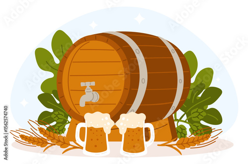 Large wooden beer barrel. Ingredients for brewing ale. hop leaves. Wheat ear. Pub pint. Glasses with foamy beverage. Alcohol drink. Brewery wood cask. Oktoberfest lager. Vector concept