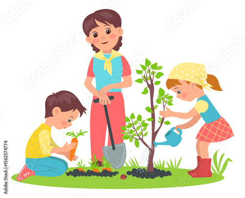 Kids learn nature. Young naturalists discover world with teachers. Practical outdoor activities. Mentor and students. People planting tree in park. Scouts education. Splendid vector set