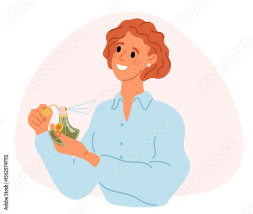 Joyful woman sprays perfume on herself. Girl wears fragrance on her body. Elegant woman holding aroma dispenser. Present smell sprayer bottle. Perfumery for young female. Vector concept