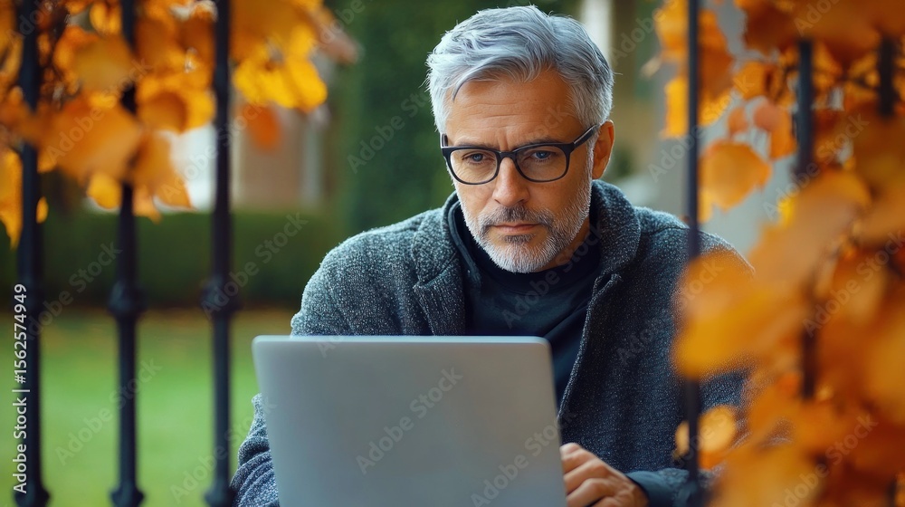 Obraz premium Middle-aged man with gray hair and glasses working on a laptop outdoors surrounded by autumn orange leaves, appearing focused and thoughtful