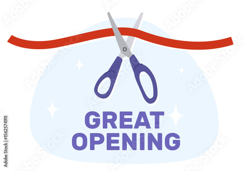 Grand opening. Scissors cutting red ribbon. Ceremony stripe cutoff. Separation with clippers. Beginning event. Start announcement party. Startup commemorate celebration. Vector concept