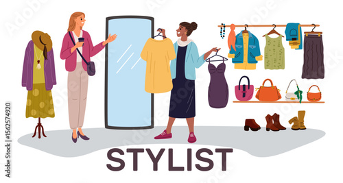 Girl offers personal stylist services to another woman. Professional shopper in store. Female trying clothing with specialist. Fashion consultant. Fashionable wardrobe. Vector concept