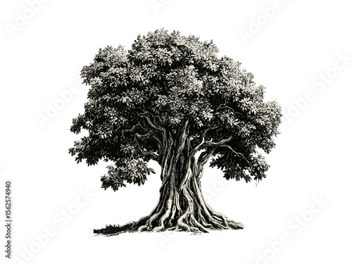 Vintage hand-drawn engraving of Banyan Tree Trunk, botanical art, tropical bark texture, eco-friendly print, retro woodland decor, black sketch, old engraving style, nature illustration