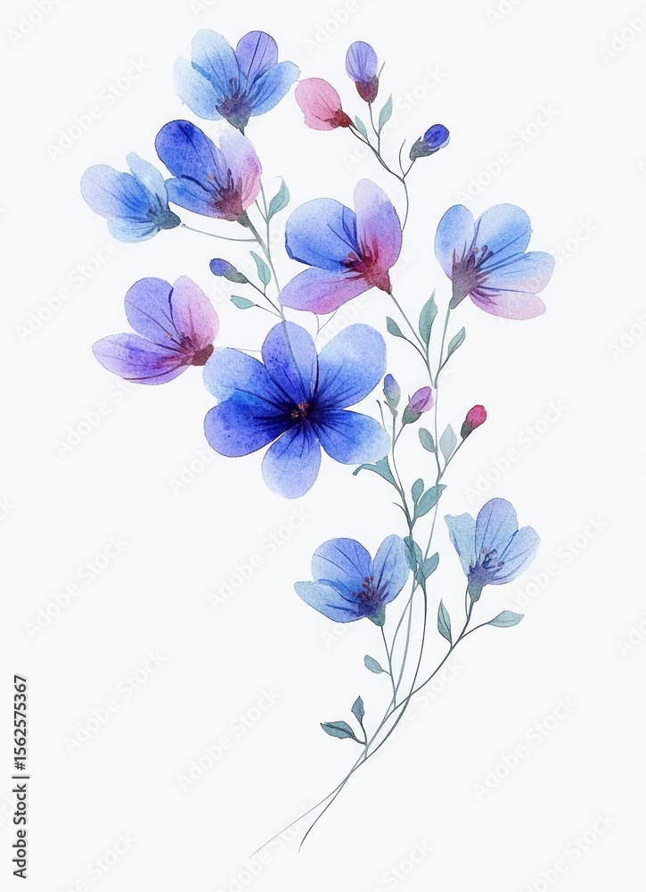 Obraz premium delicate watercolor painting of a flower branch with blue and purple petals and slender green stems on a white background