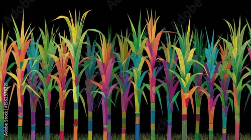 Vibrant colorful sugarcane field on a black background
