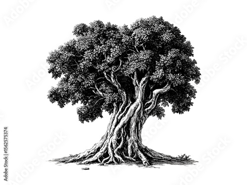 Banyan Tree trunk vintage engraving, botanical art, tropical tree bark, eco-friendly print, retro woodland decor, black sketch, vintage style illustration, natural texture drawing