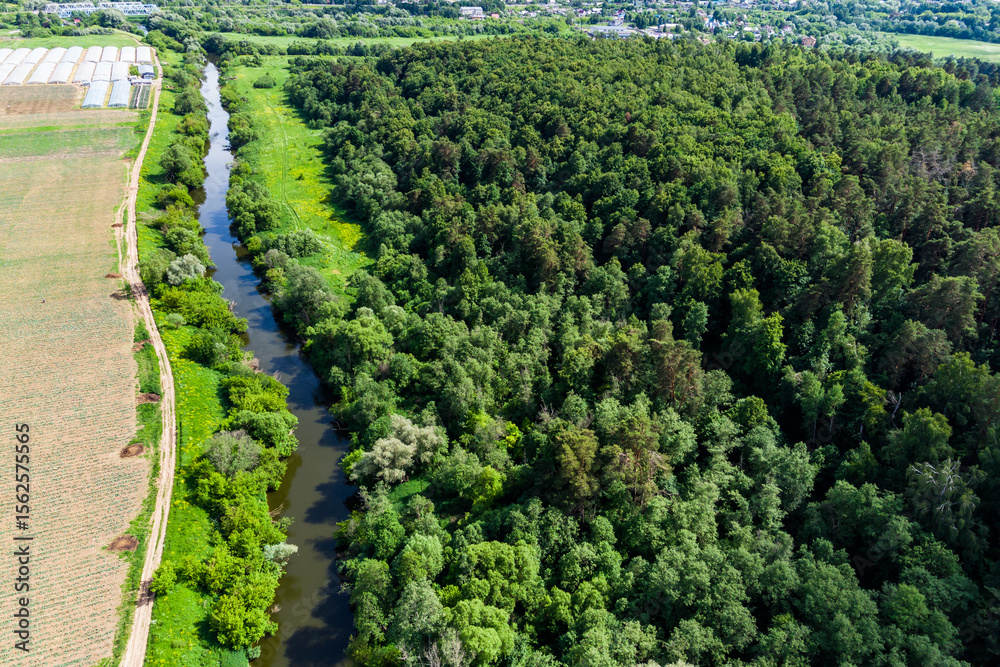 Naklejka premium Aerial view of forest area adjacent to river