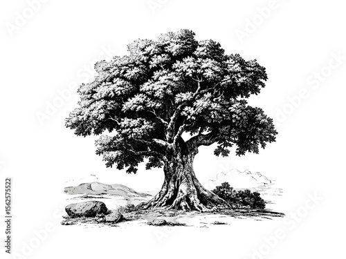 Baobab Tree trunk vintage engraving, botanical art, tropical tree bark, nature-inspired eco print, retro woodland illustration, hand-drawn sketch, classic vintage style, trendy natural design