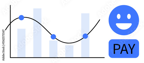 Bar chart with trendline and key data points next to a blue smiling face and PAY icon highlighting financial themes. Ideal for data management, finance, fintech, growth strategy, analytics, economy