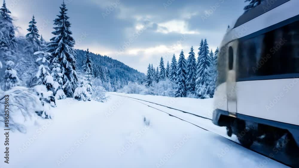 Snowy landscape with a train passing by