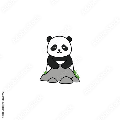 An icon of a cute cartoon panda sitting on a grey rock, symbolizing outdoor activity, a simple resting place, and connection to nature.