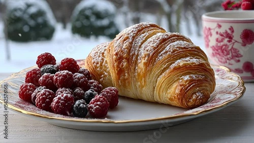 A Delicious Croissant with Raspberries and Powdered Sugar on a Snowy Day