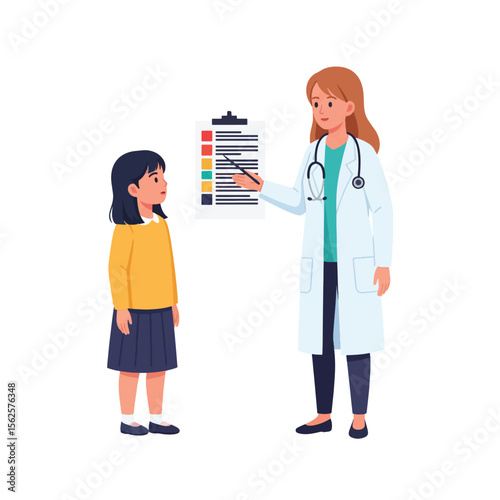 A doctor explains a medical chart to a young patient.