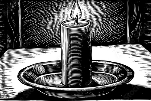 single candle with melting wax and a flickering flame, ideal for meditation designs, spiritual products or peaceful wall decor a black and white line art illustration