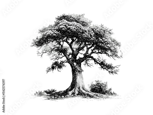 Vintage baobab bark illustration, hand-drawn botanical art, tropical tree trunk, nature tree design, retro woodland style, black sketch, eco-friendly print, old engraving technique