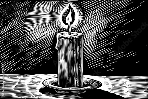 single candle with melting wax and a flickering flame, ideal for meditation designs, spiritual products or peaceful wall decor a black and white line art illustration