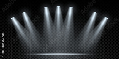 Realistic stadium spotlight scene with illuminated stage and bright LED floodlights. Night concert or football event atmosphere with sparkle, ceiling lights and dramatic shine. Transparent background.