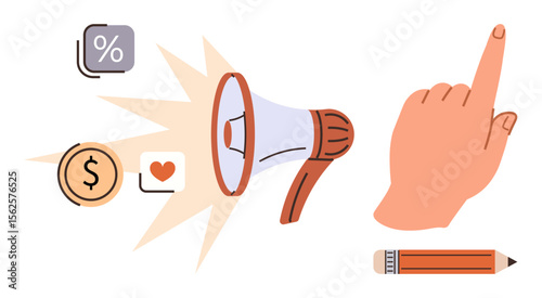 Megaphone amplifying finance, percentage, heart, hand gesture, and pencil. Ideal for marketing, promotion, creativity finance communication advertising leadership. Simple flat metaphor