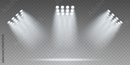 Realistic 3D stadium with bright LED spotlights and illuminated football field. Night sport event background design with neon floodlights and dramatic beam effects on dark transparent backdrop.