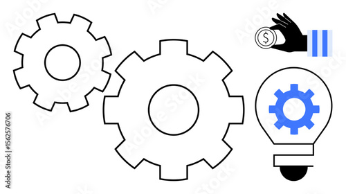 Two interlocking gears, a lightbulb with gear, and a hand holding a coin. Ideal for innovation, teamwork, business strategy, problem-solving, efficiency creativity finance. Simple flat metaphor