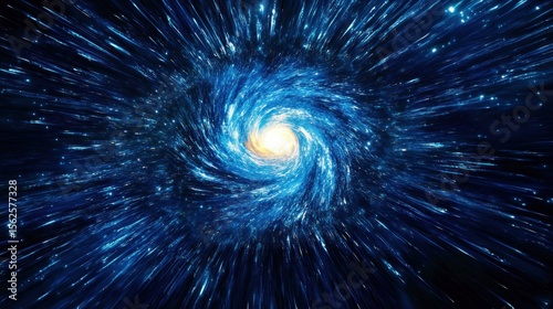 Bright glowing spiral vortex emitting blue light particles in deep space with radiant energy core and streaks of light expanding outward