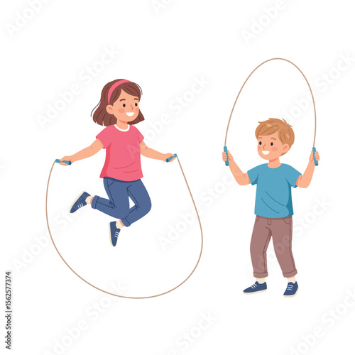 Two children, a girl and a boy, are playing with jump ropes. The girl is jumping while the boy prepares to jump.