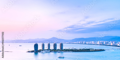 Photography Aerial photography of the city skyline of Phoenix Island, Sanya, Hainan, China
