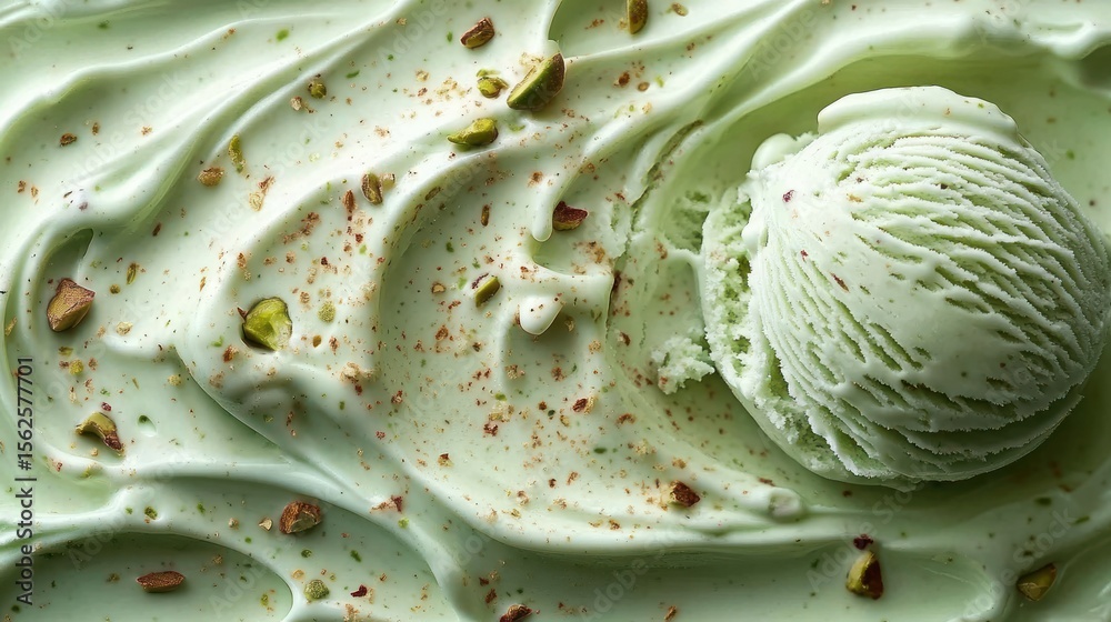 Fototapeta premium smooth creamy pale green pistachio ice cream with crushed pistachio nuts scattered on and a round scoop of ice cream resting on top