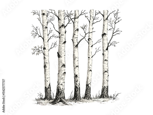 Birch trees vintage engraving, old botanical illustration, forest decor, nature wall art, eco-friendly design, retro floral print, hand-drawn tree bark, rustic home decoration, trendy art