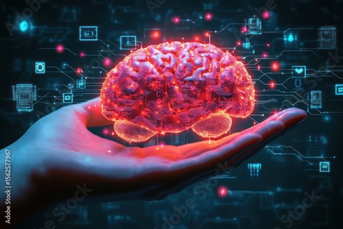 Human hand holding a glowing digital brain with circuit patterns and data connections symbolizing artificial intelligence and technology integration