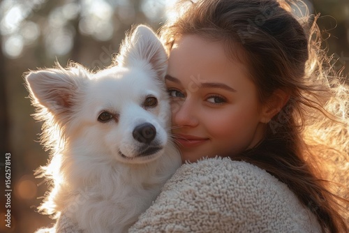 Young woman with loose brown hair smiling gently while hugging a fluffy white dog with pointy ears in warm soft natural light